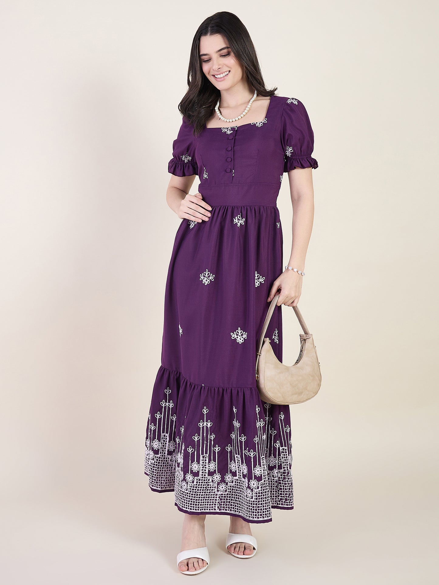 Embroidered maxi dress in wine colour