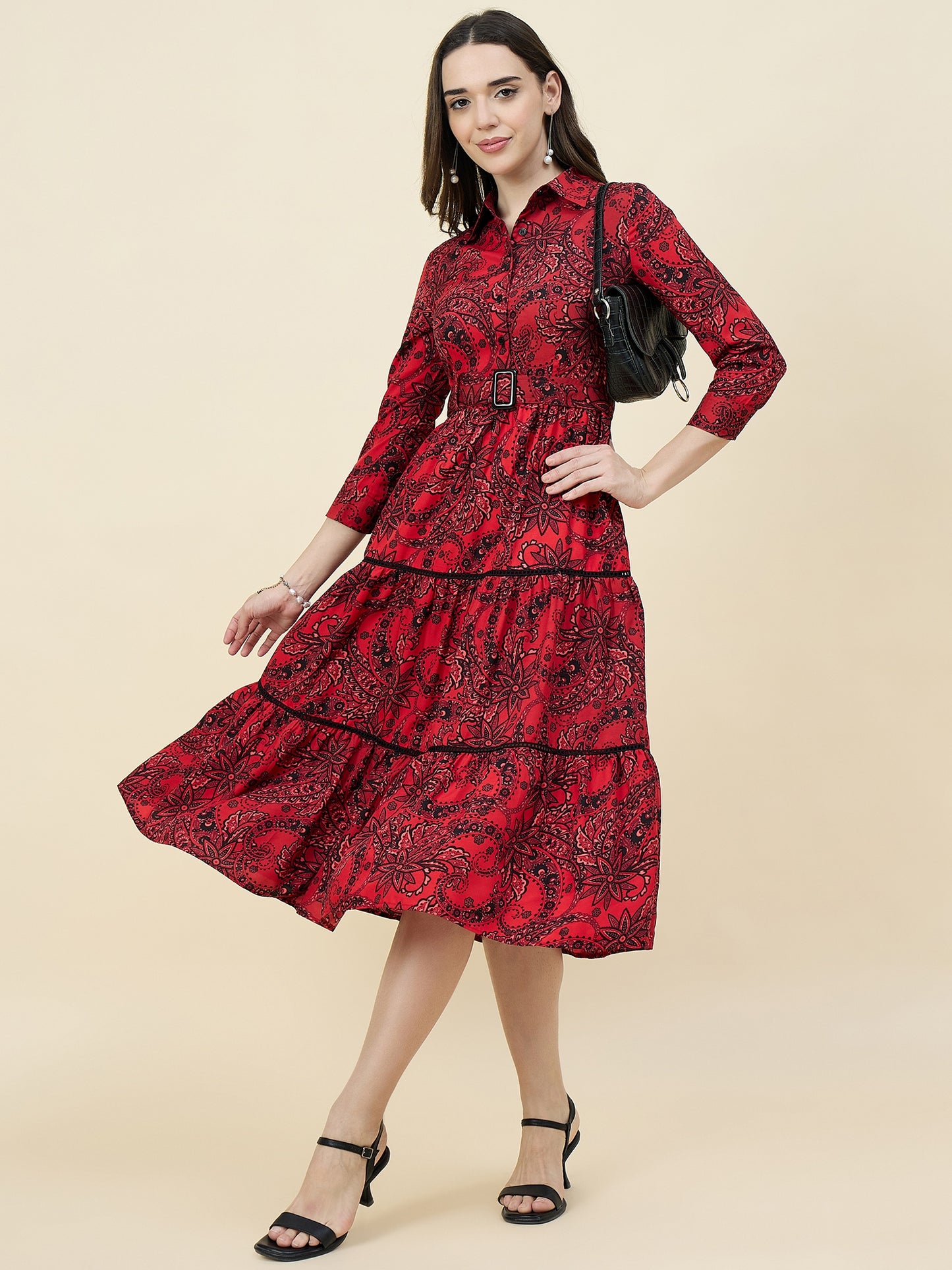 Blue Paisley Printed Layered Midi Dress with Belt
