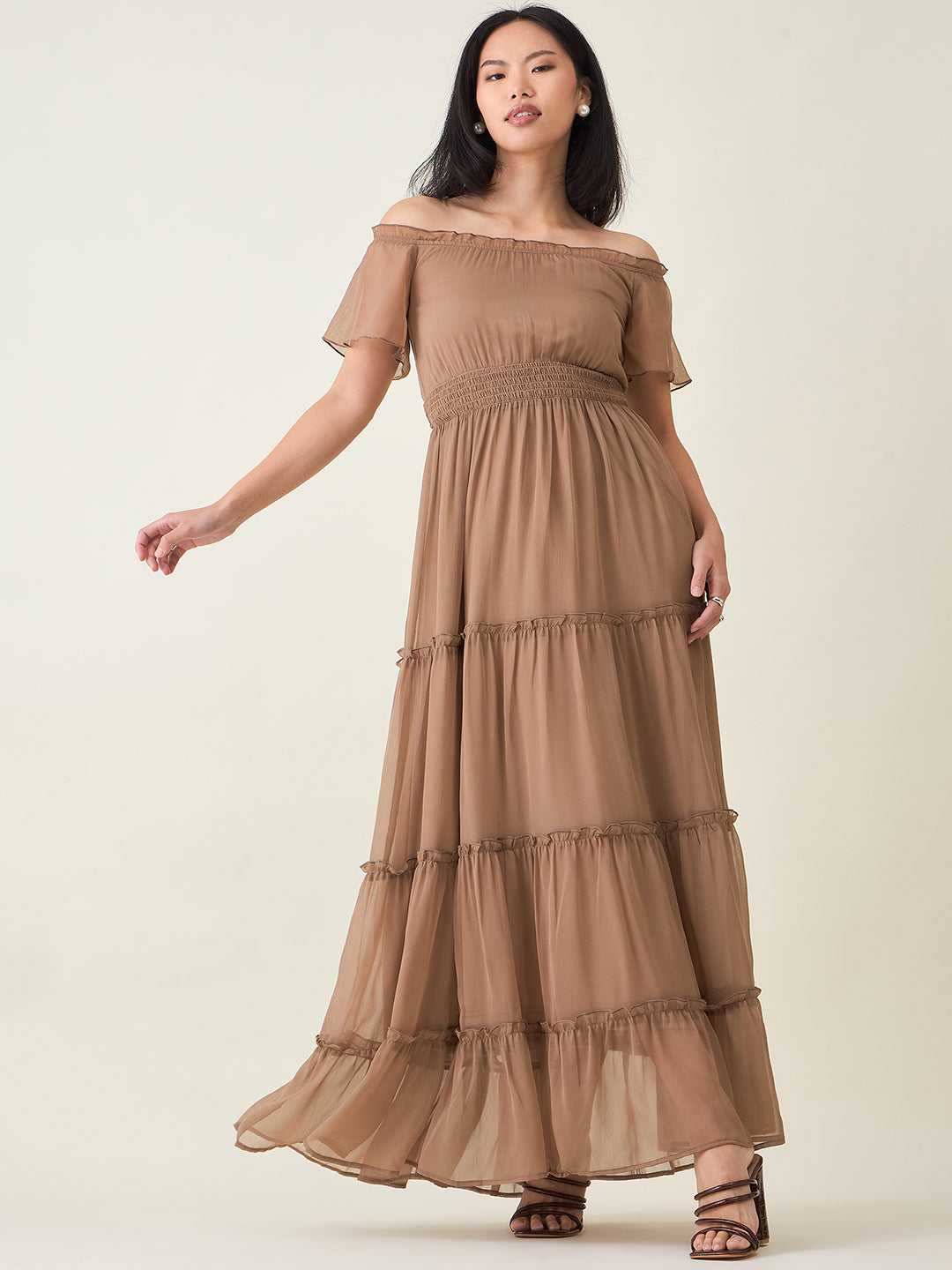 Noir Ruffle Off-Shoulder Maxi Dress in Chiffon