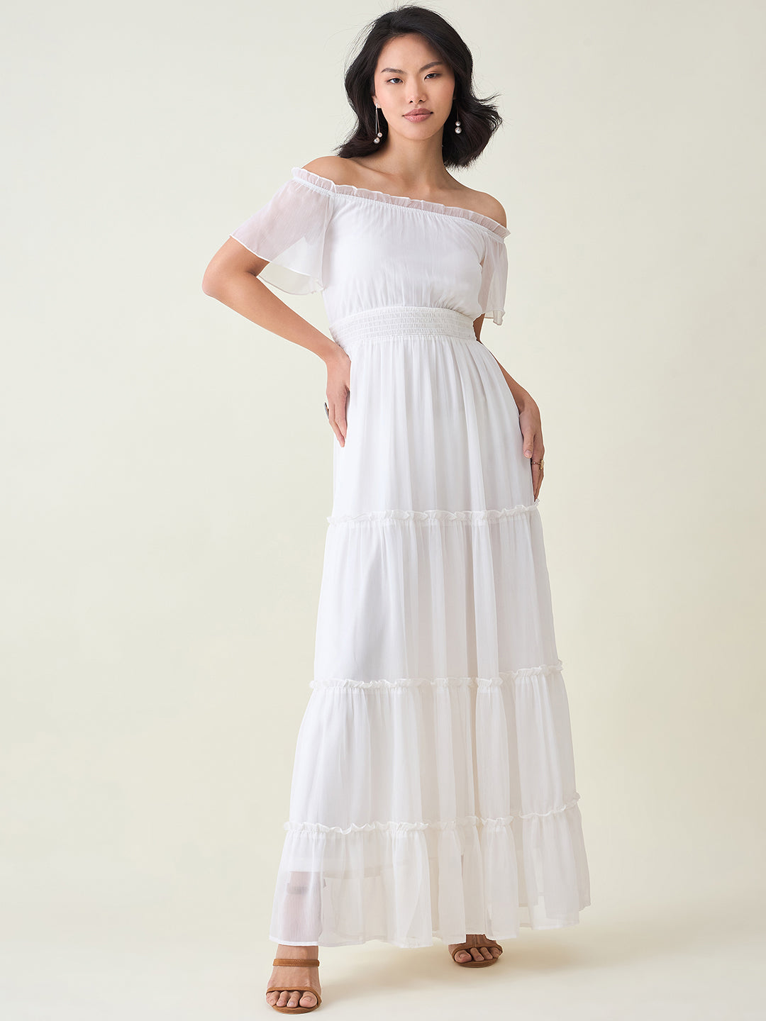 Noir Ruffle Off-Shoulder Maxi Dress in Chiffon