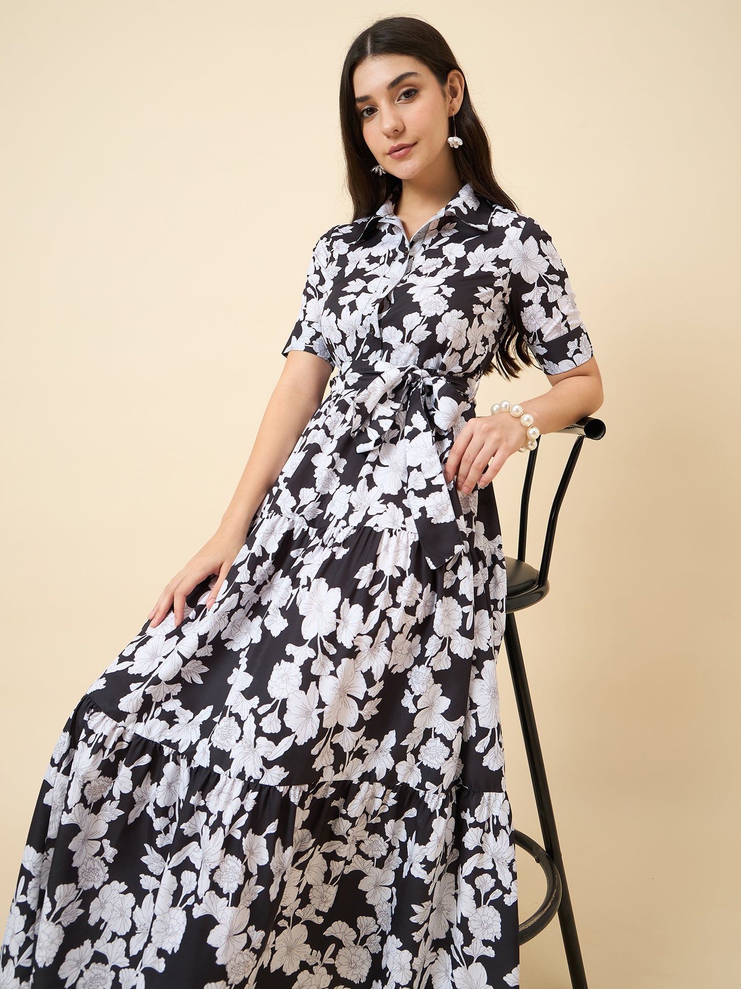 Black & White Floral Printed Shirt Collar Midi Dress with Tie-Up