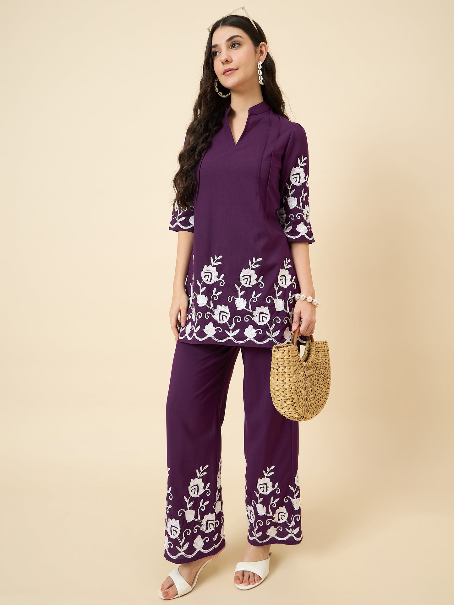 Mandarin Collar Kurta & Elastic High Waist Pants for Women