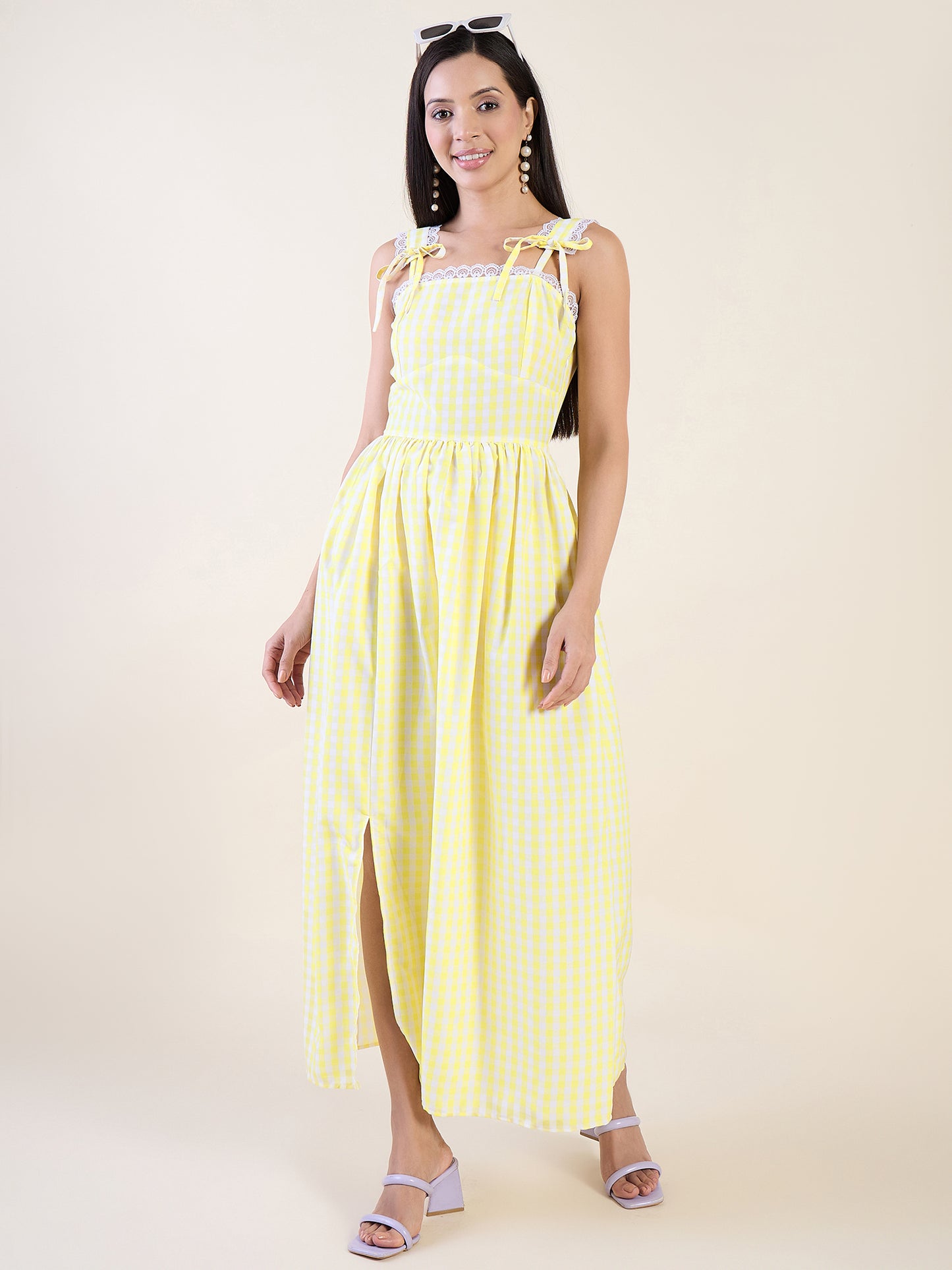 Classic gingham maxi dress in yellow color palette