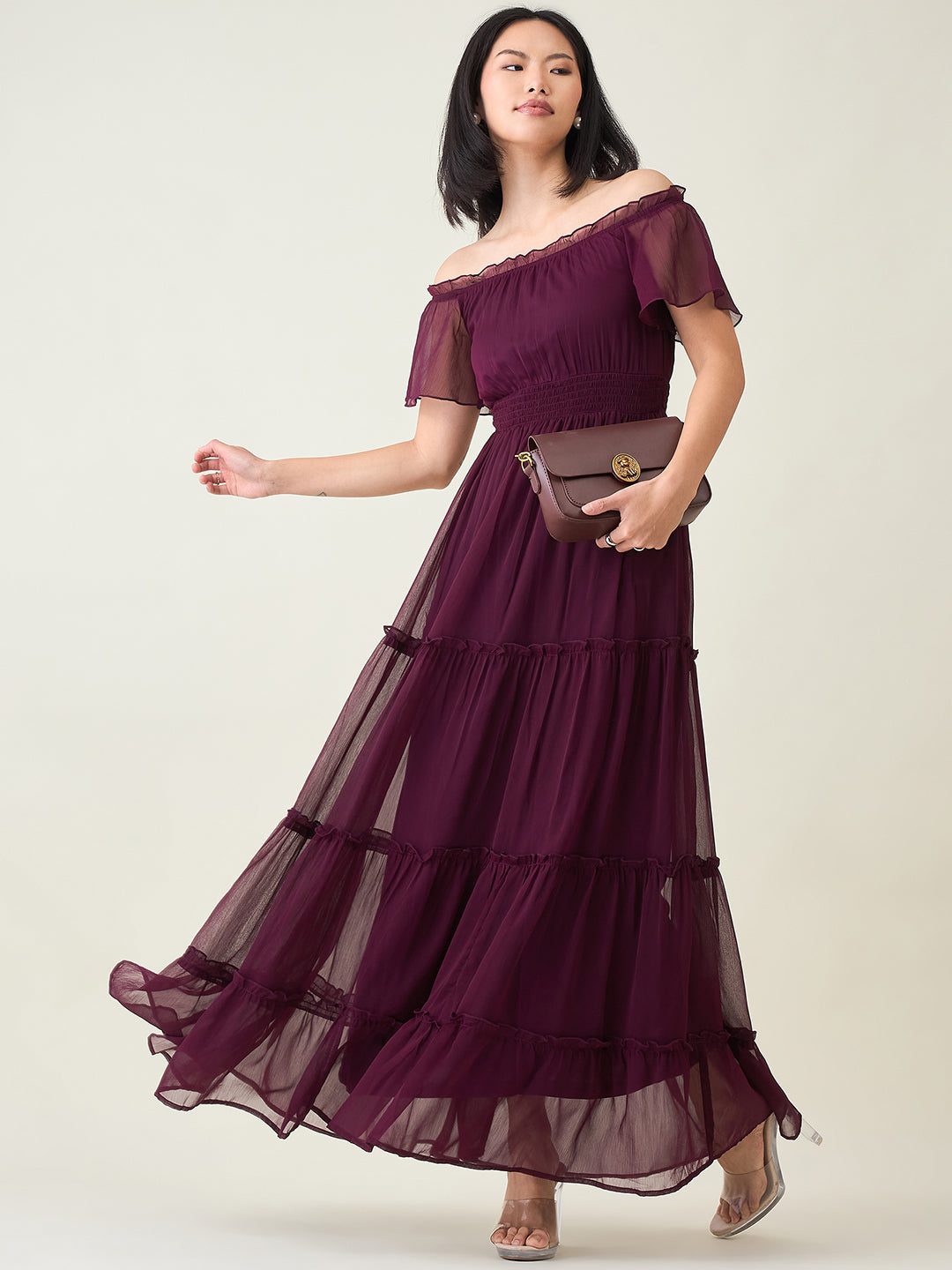 Noir Ruffle Off-Shoulder Maxi Dress in Chiffon