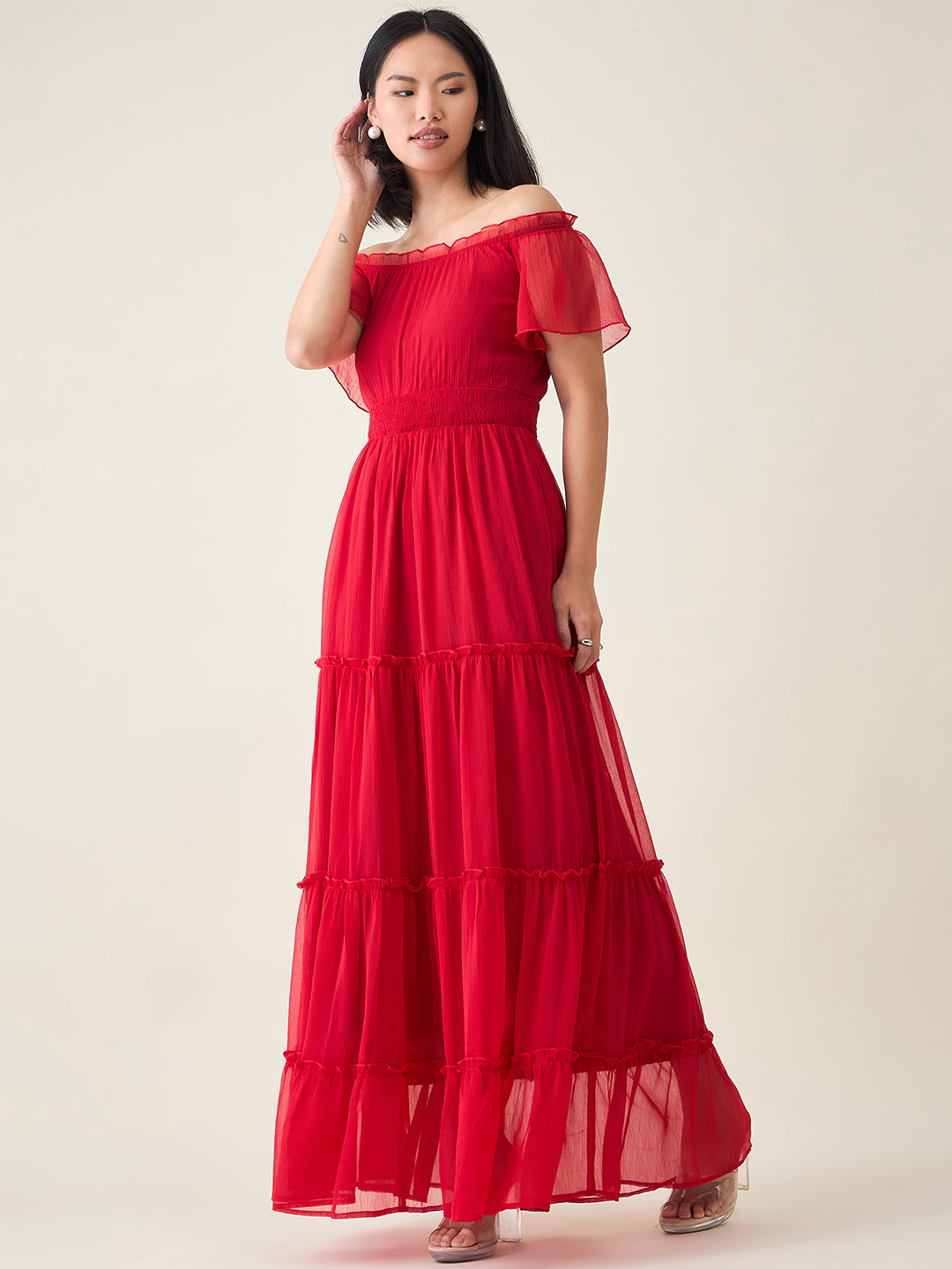 Noir Ruffle Off-Shoulder Maxi Dress in Chiffon