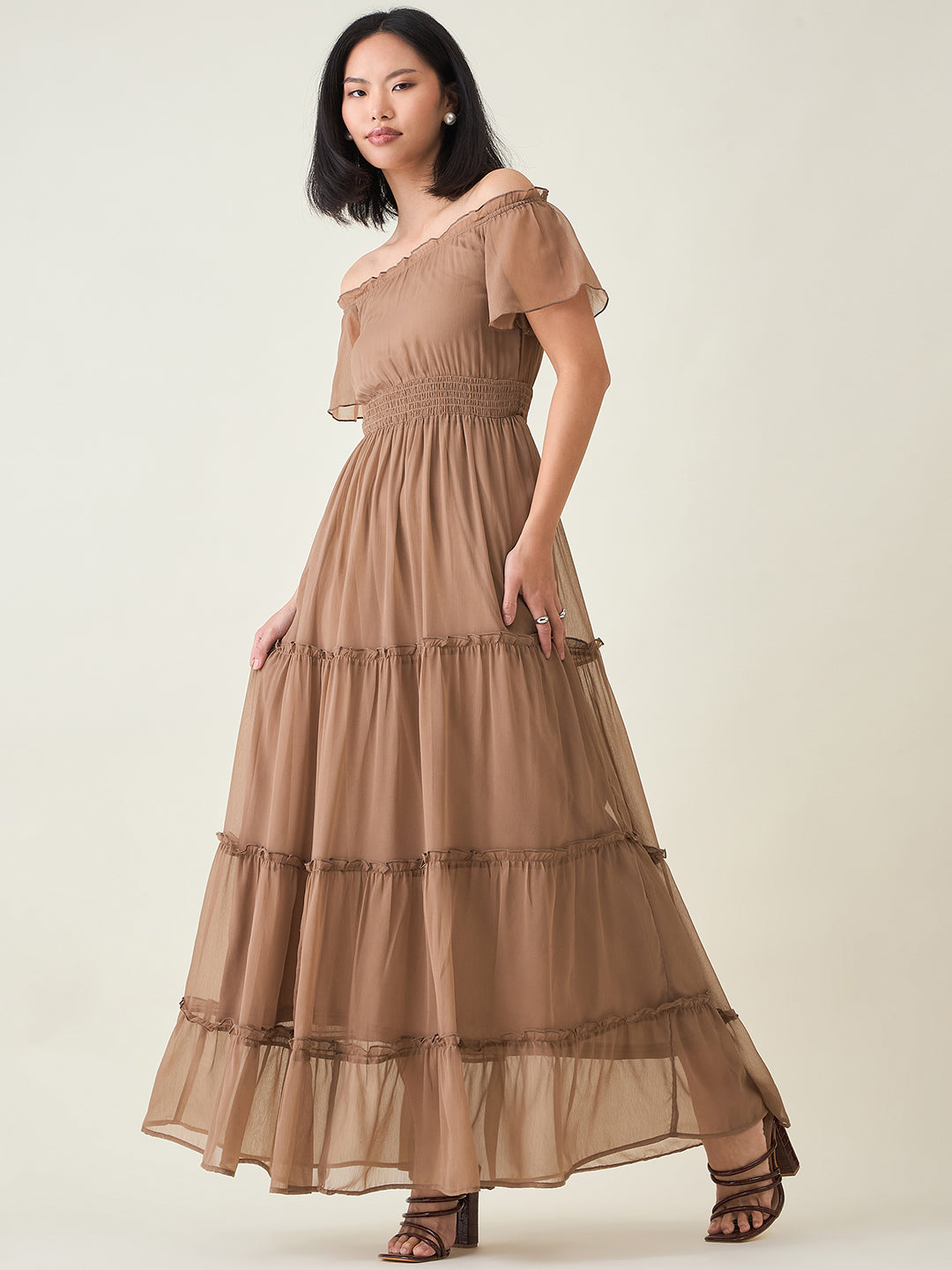 Noir Ruffle Off-Shoulder Maxi Dress in Chiffon