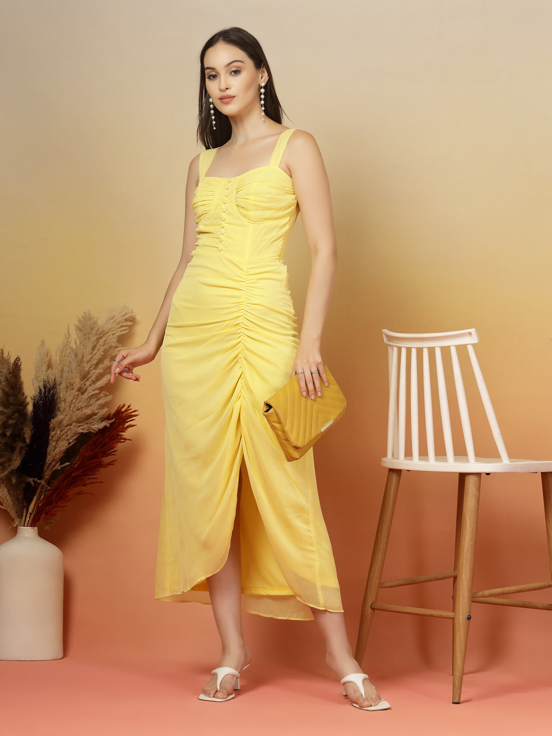 AAYU Women Chiffon Ruched Midi A-Line Dress