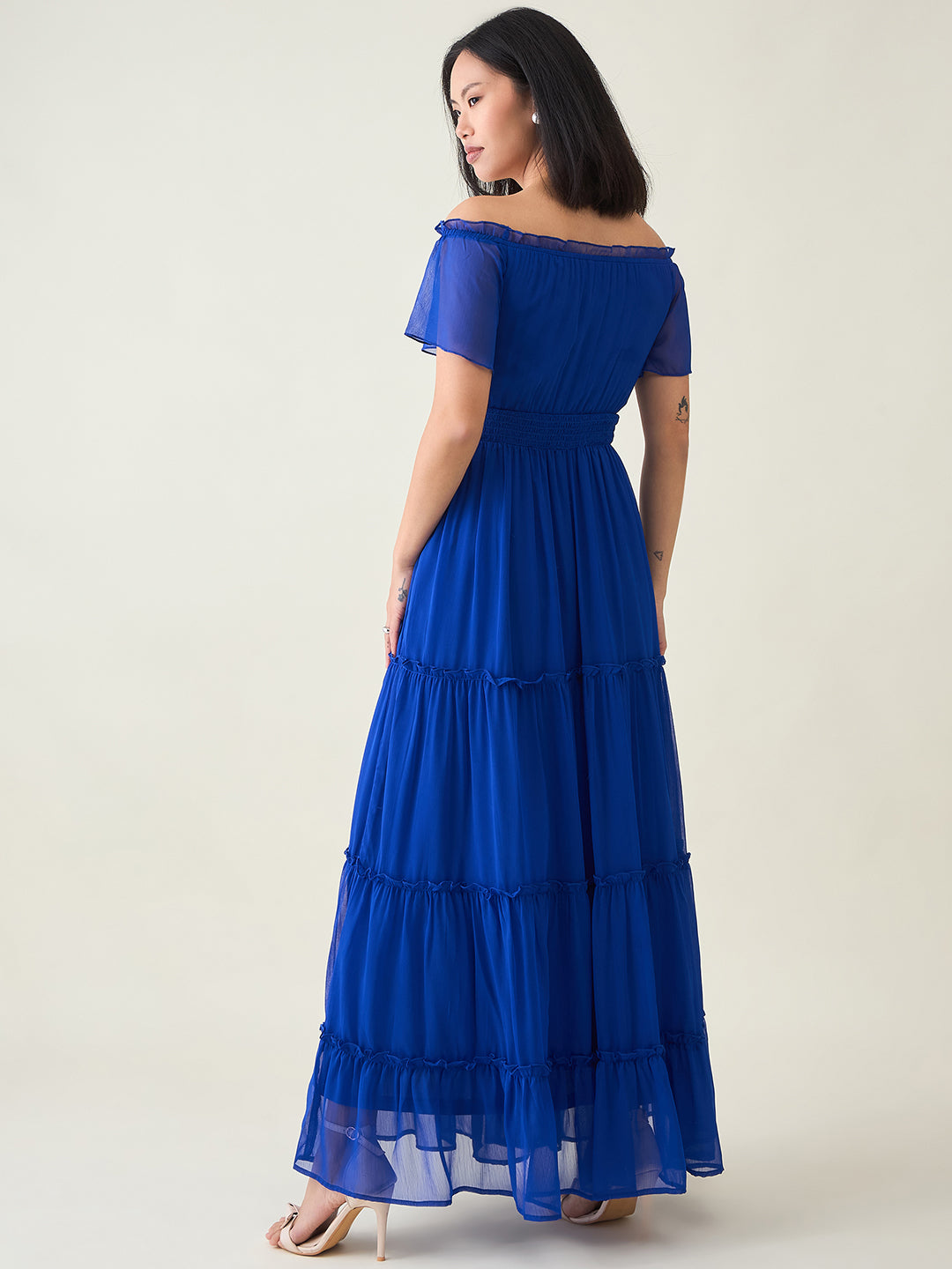 Noir Ruffle Off-Shoulder Maxi Dress in Chiffon