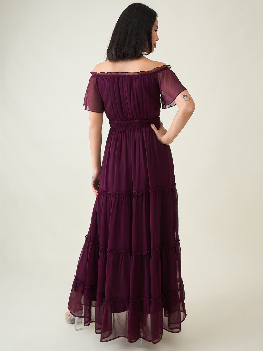 Noir Ruffle Off-Shoulder Maxi Dress in Chiffon