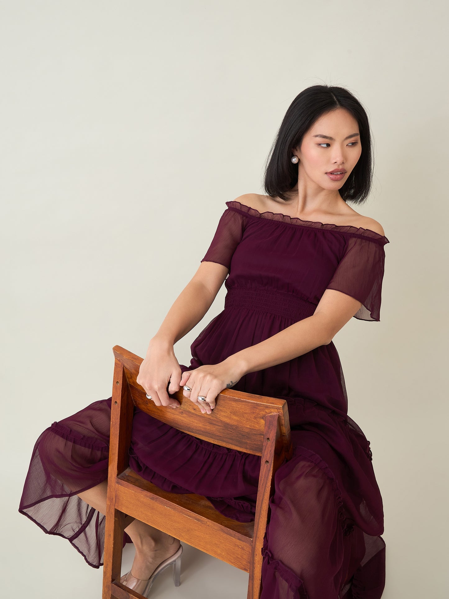 Noir Ruffle Off-Shoulder Maxi Dress in Chiffon