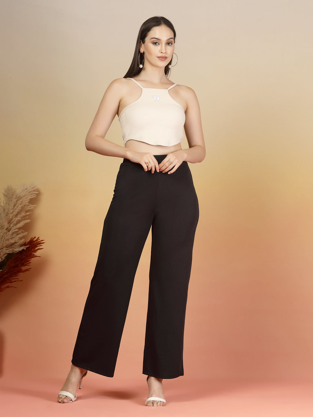 Aayu Ribbed High-Waist Flared Trouser