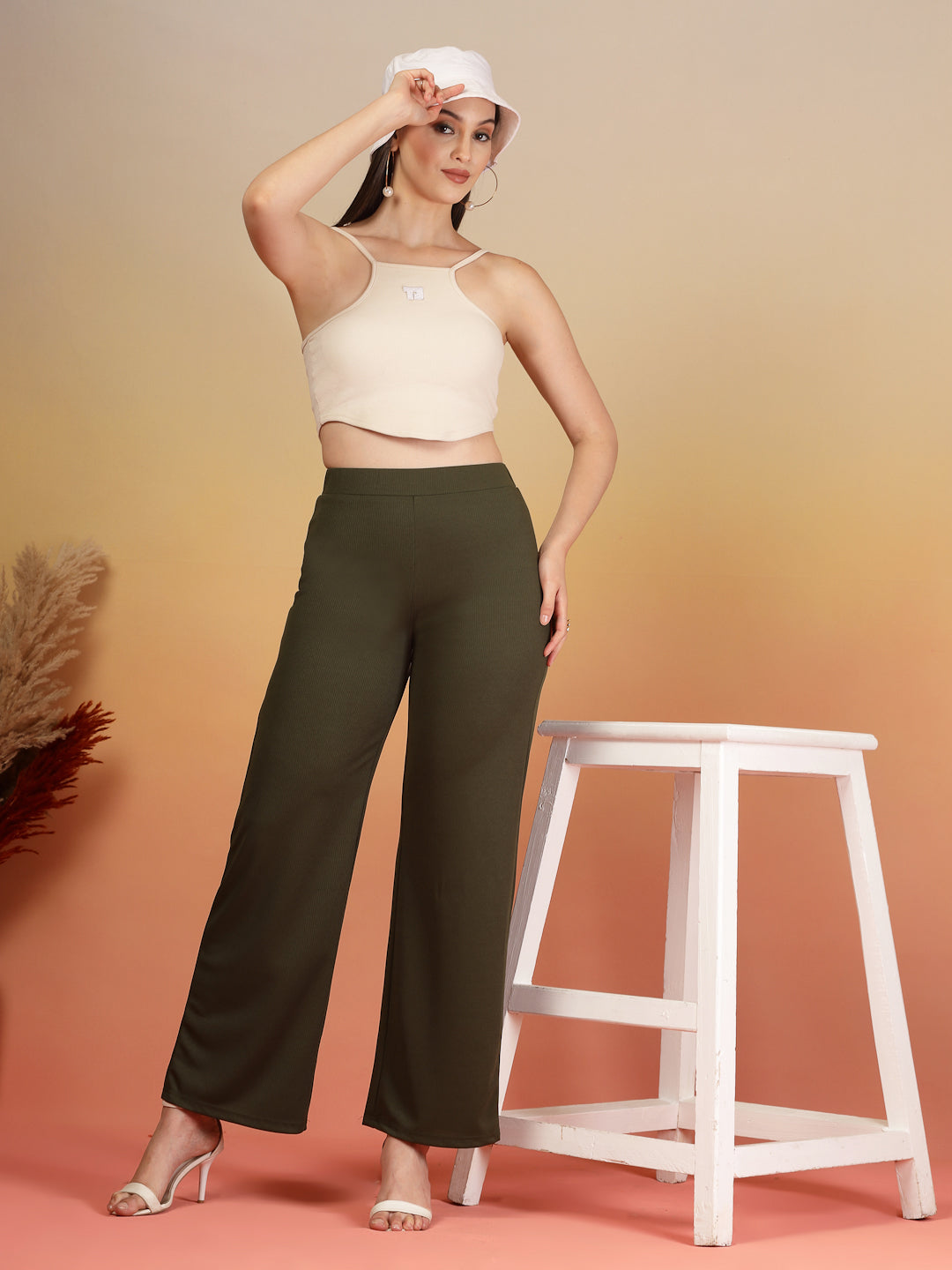 Aayu Ribbed High-Waist Flared Trouser