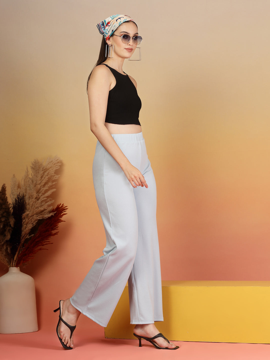 Aayu Ribbed High-Waist Flared Trouser