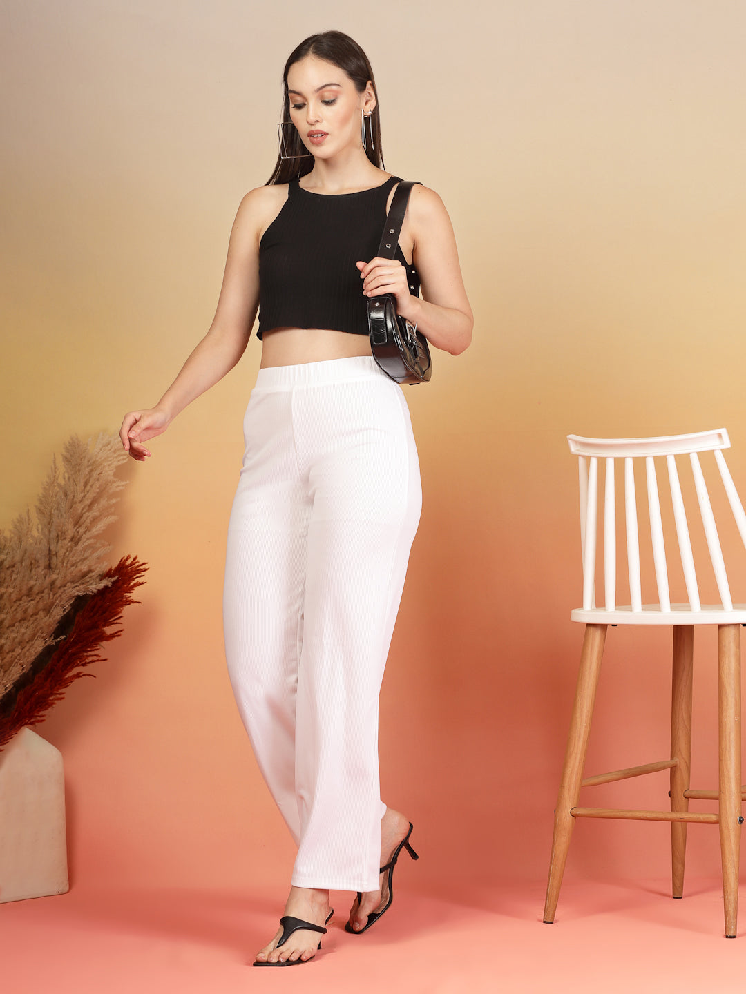 Aayu Ribbed High-Waist Flared Trouser