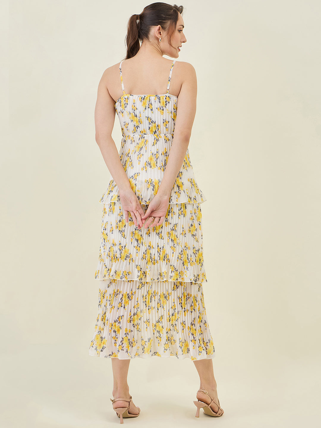 Floral Print Pleated Strap Tiered Midi Dress