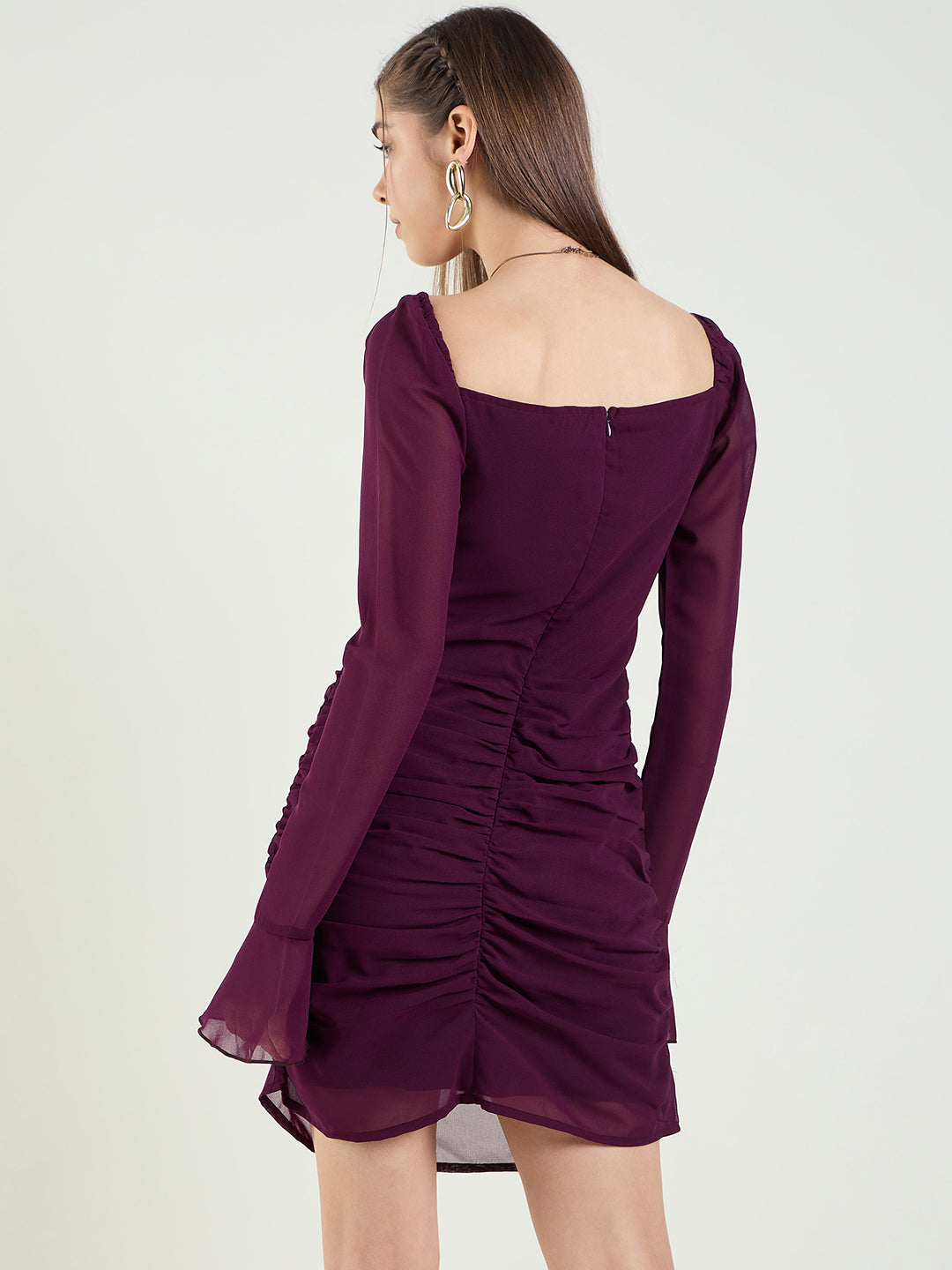 Long Sleeve Ruched Sweetheart Mini Bodycon Dress