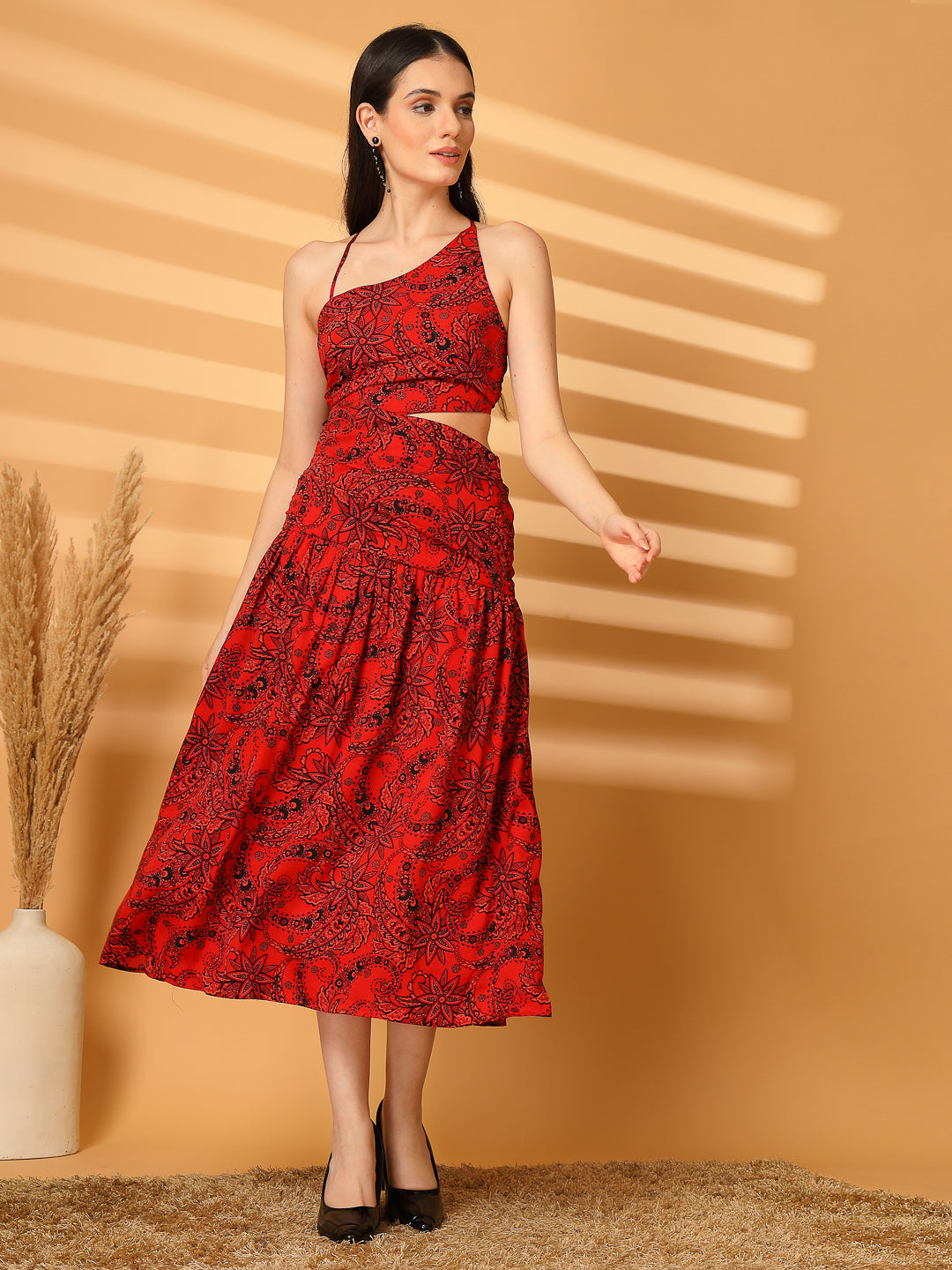 Midnight Bloom One-Shoulder Cutout Midi Dress