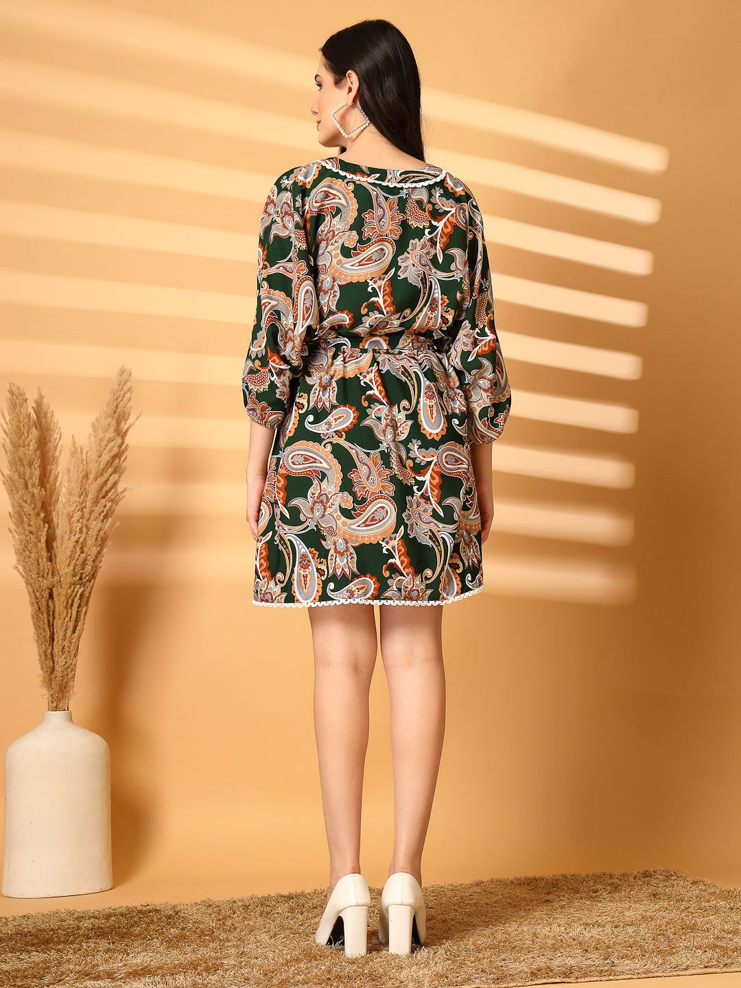 Paisley Print Kaftan Mini Dress with Lace Trim