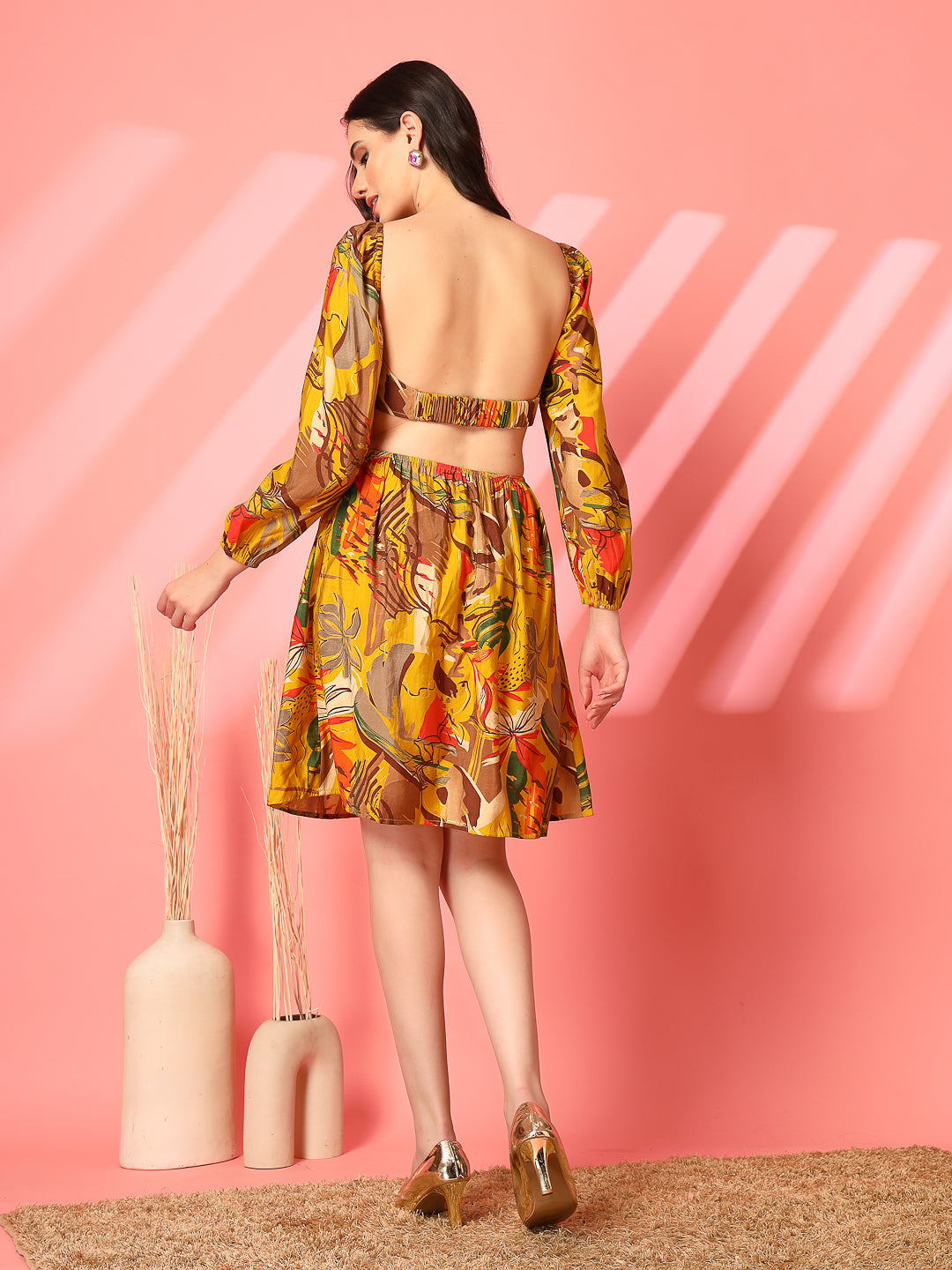 Printed Backless Mini Dress with Puff Sleeves