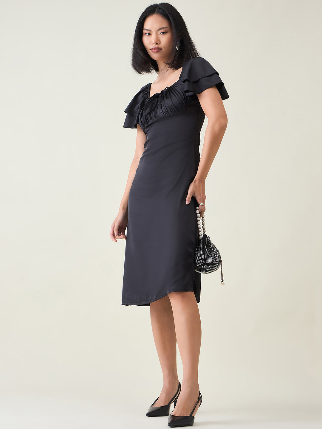 AAYU Satin Puff Sleeve Midi Dress