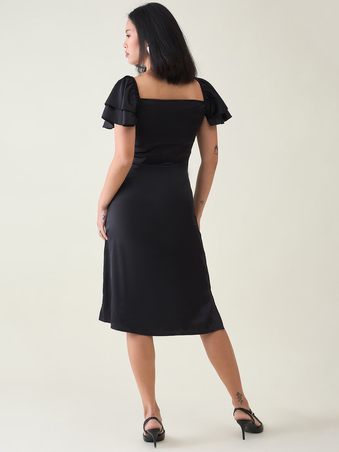 AAYU Satin Puff Sleeve Midi Dress
