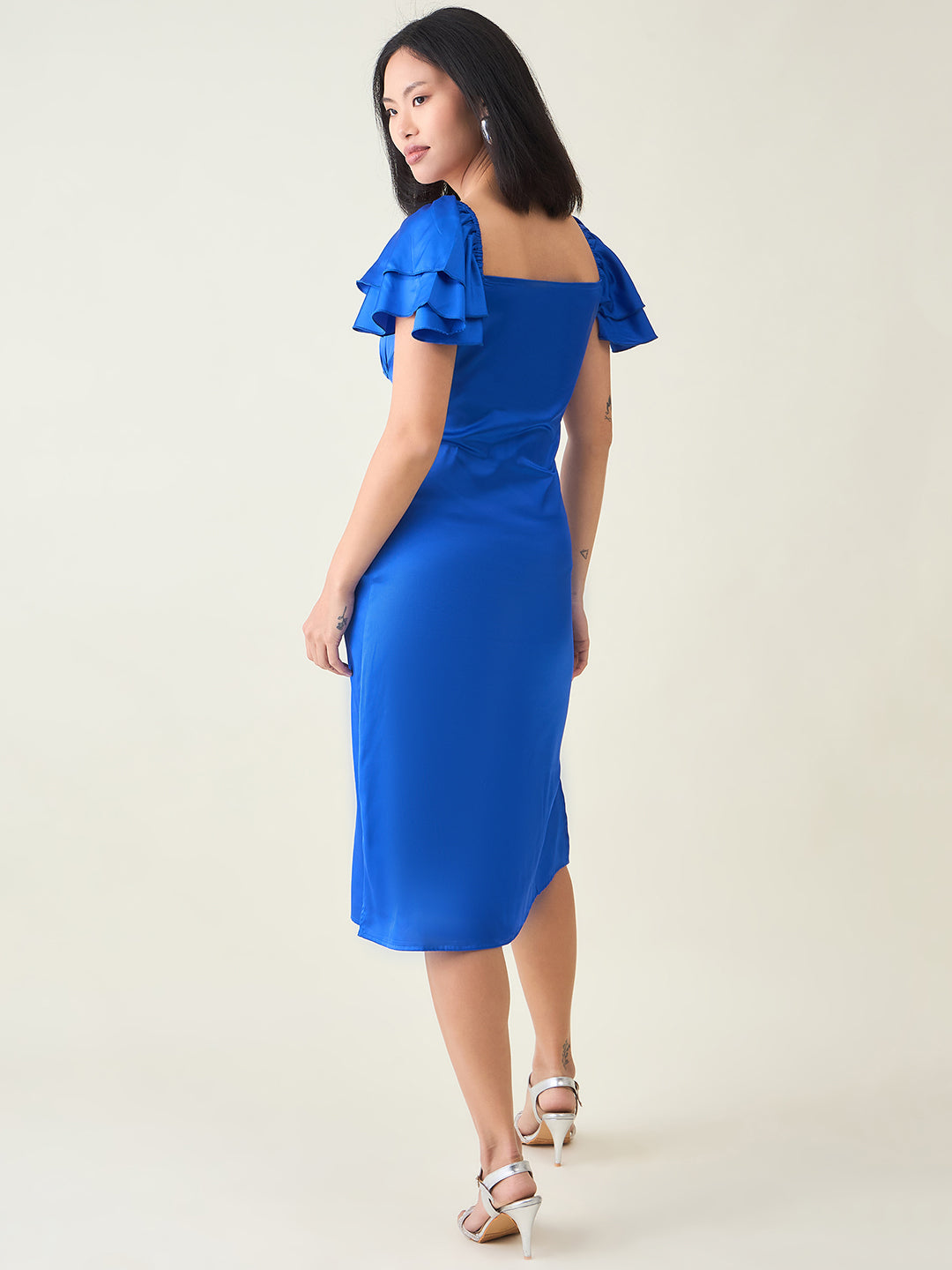 AAYU Satin Puff Sleeve Midi Dress