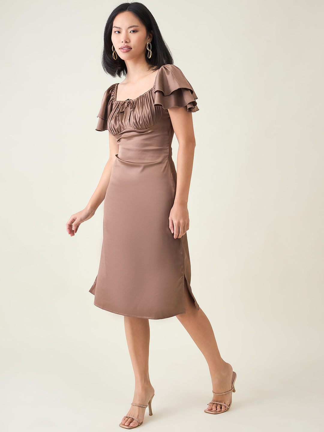 AAYU Satin Puff Sleeve Midi Dress