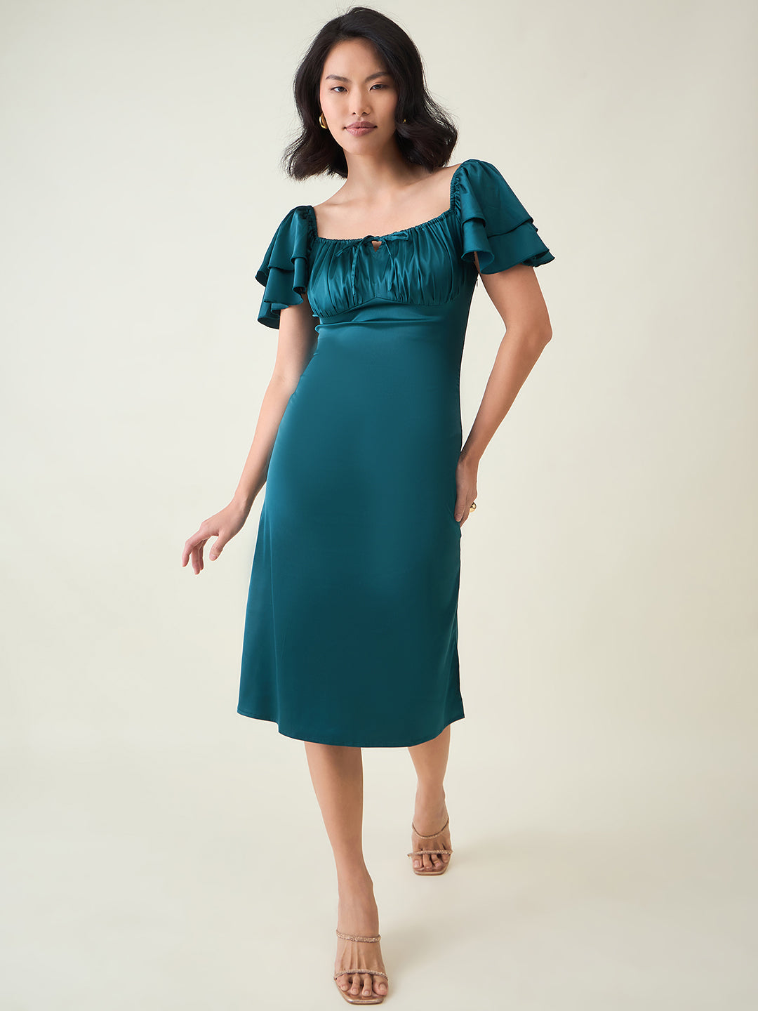 AAYU Satin Puff Sleeve Midi Dress