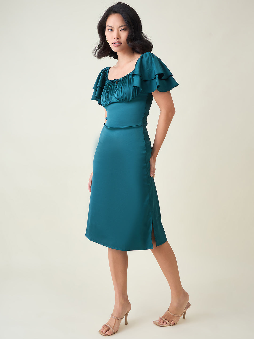 AAYU Satin Puff Sleeve Midi Dress