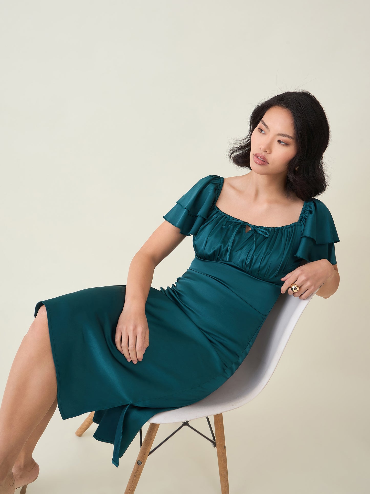 AAYU Satin Puff Sleeve Midi Dress