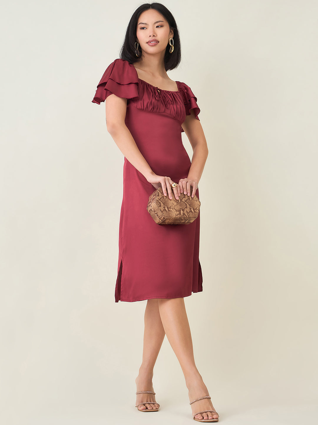 AAYU Satin Puff Sleeve Midi Dress