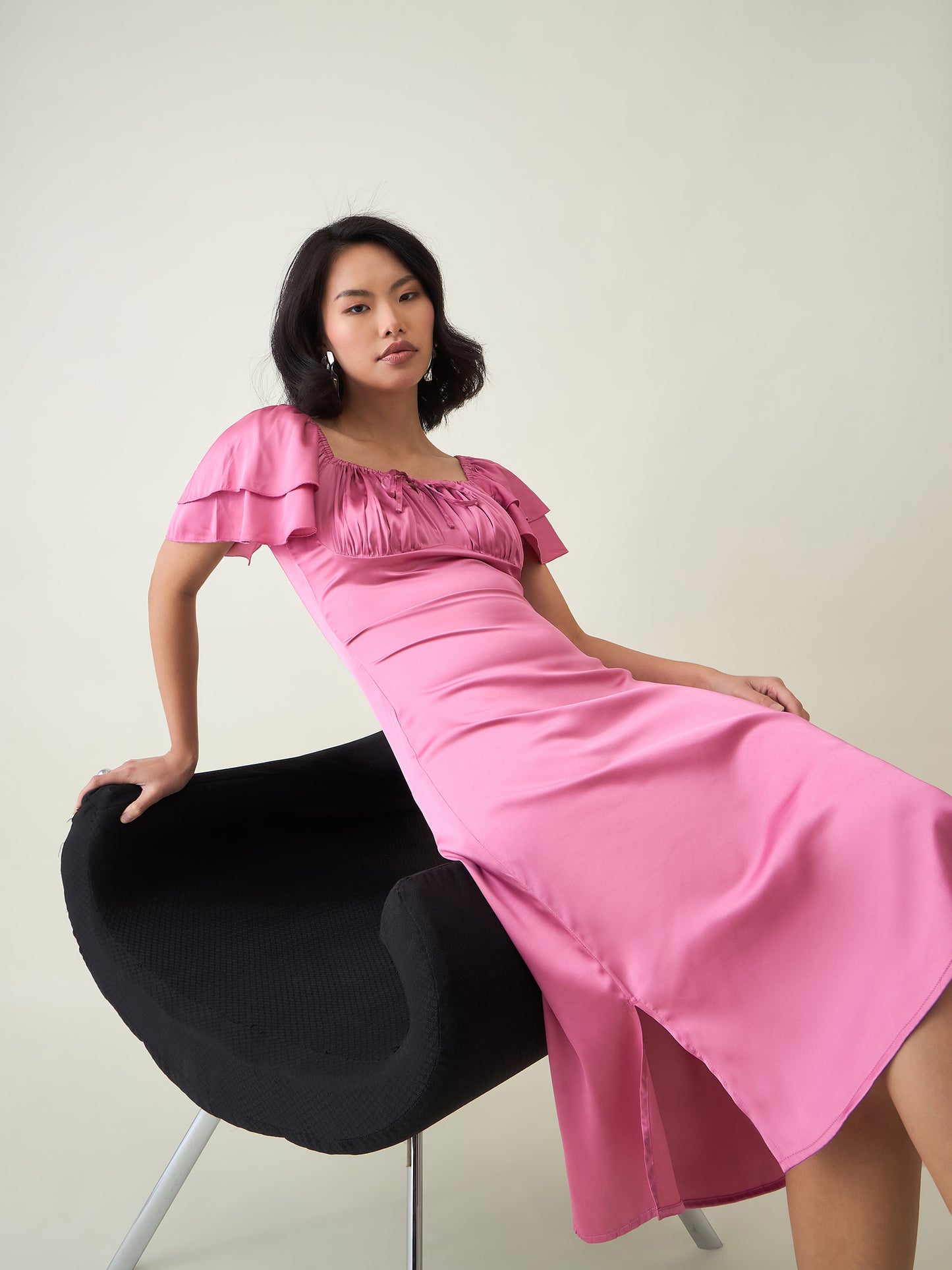 AAYU Satin Puff Sleeve Midi Dress