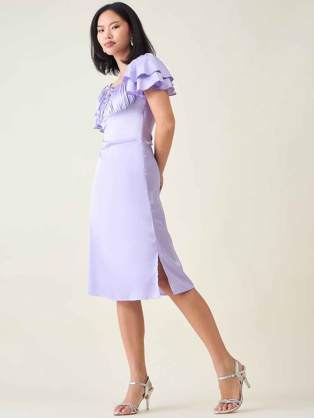 AAYU Satin Puff Sleeve Midi Dress