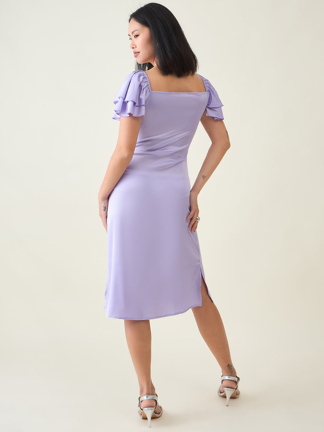 AAYU Satin Puff Sleeve Midi Dress