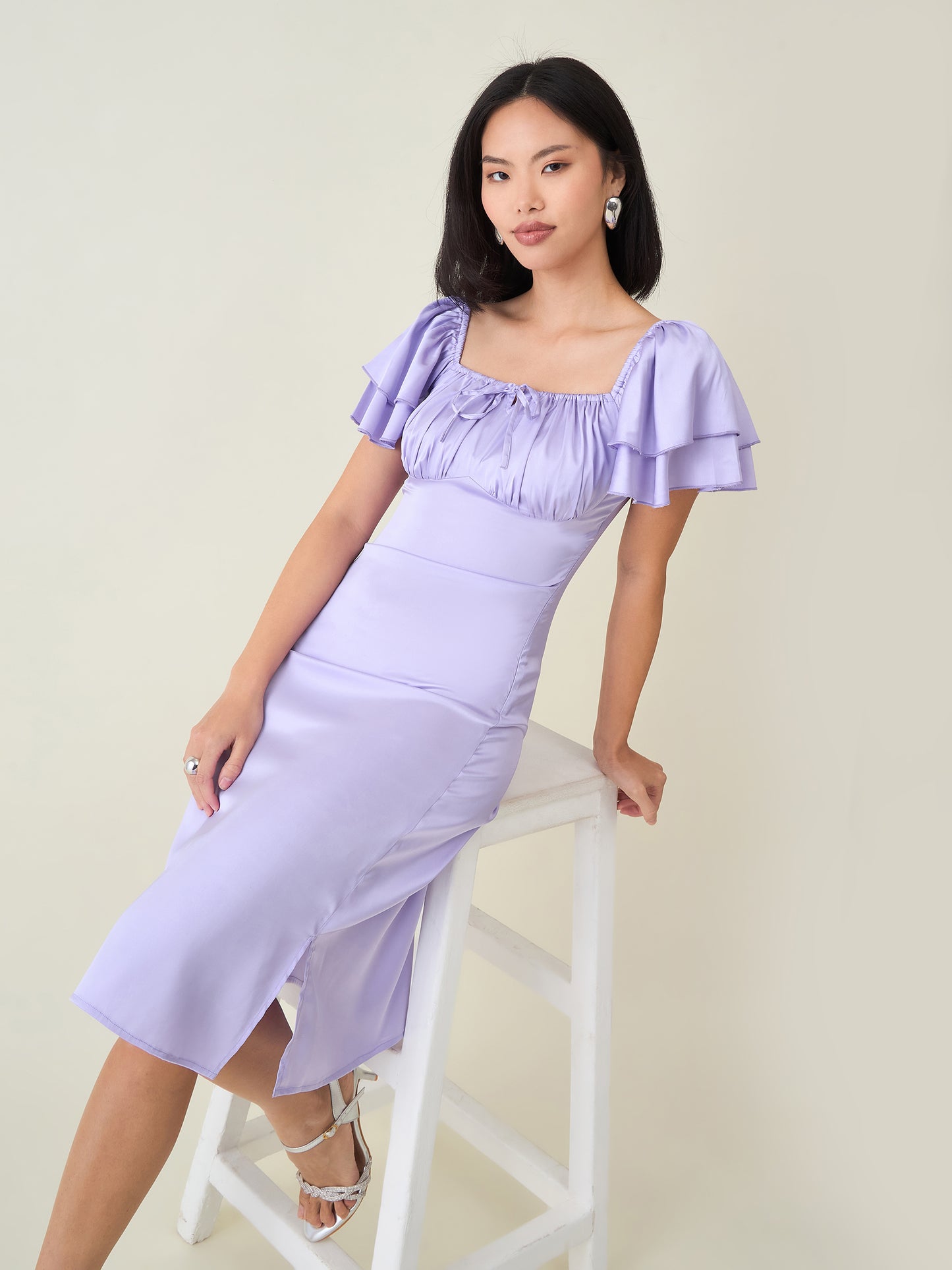 AAYU Satin Puff Sleeve Midi Dress