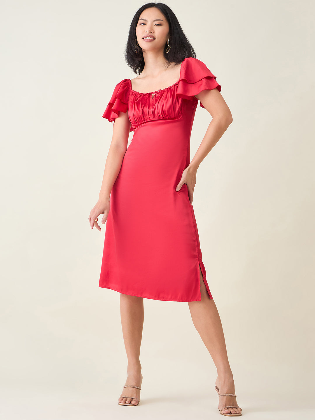AAYU Satin Puff Sleeve Midi Dress