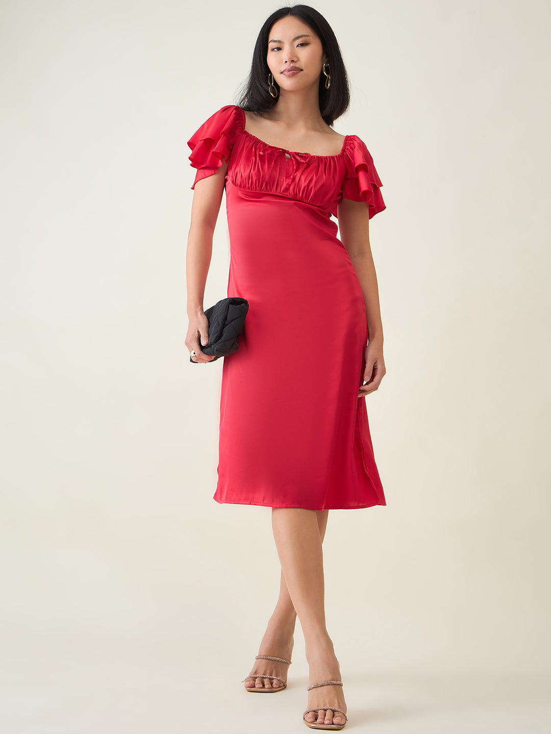 AAYU Satin Puff Sleeve Midi Dress