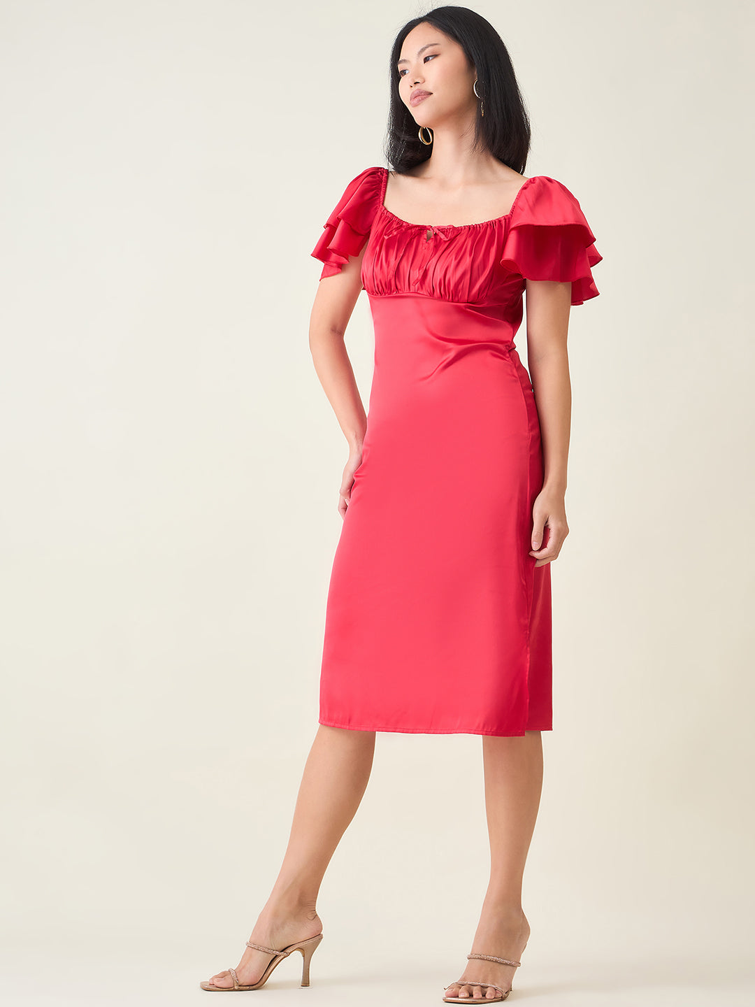 AAYU Satin Puff Sleeve Midi Dress