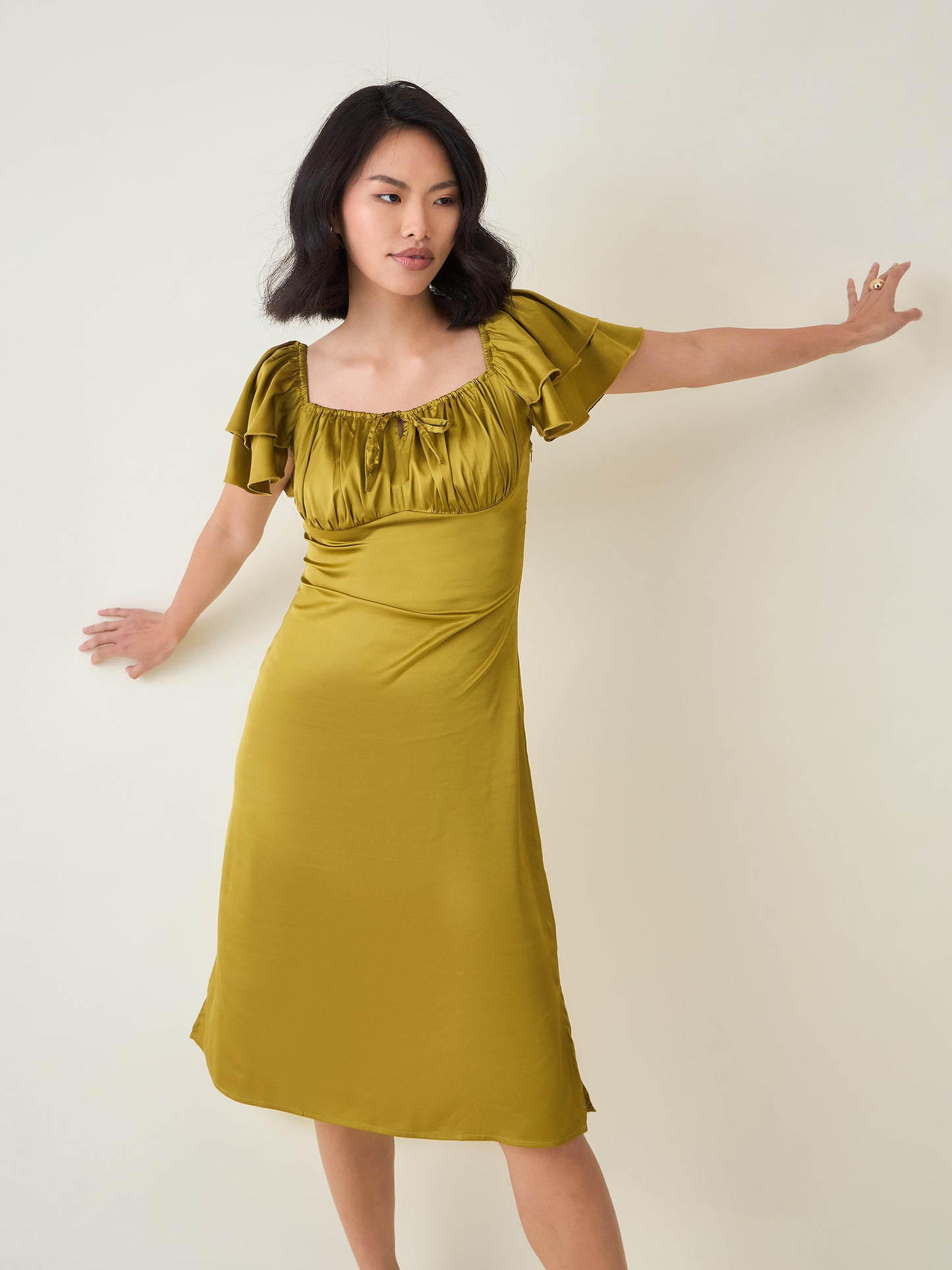 AAYU Satin Puff Sleeve Midi Dress