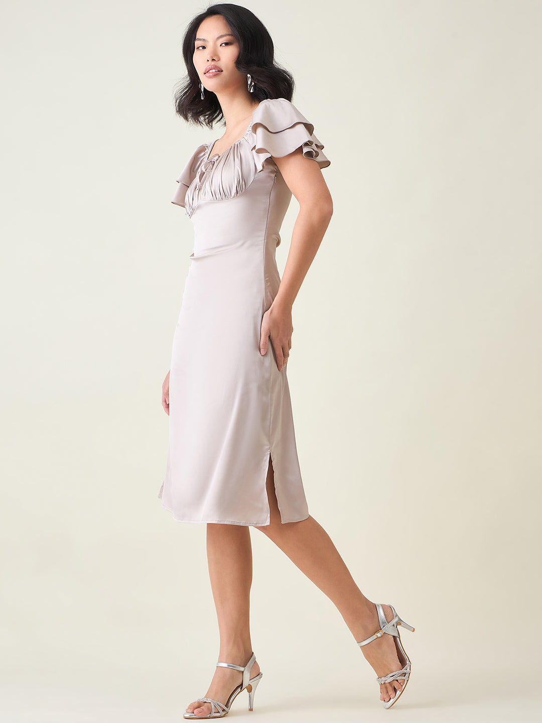 AAYU Satin Puff Sleeve Midi Dress