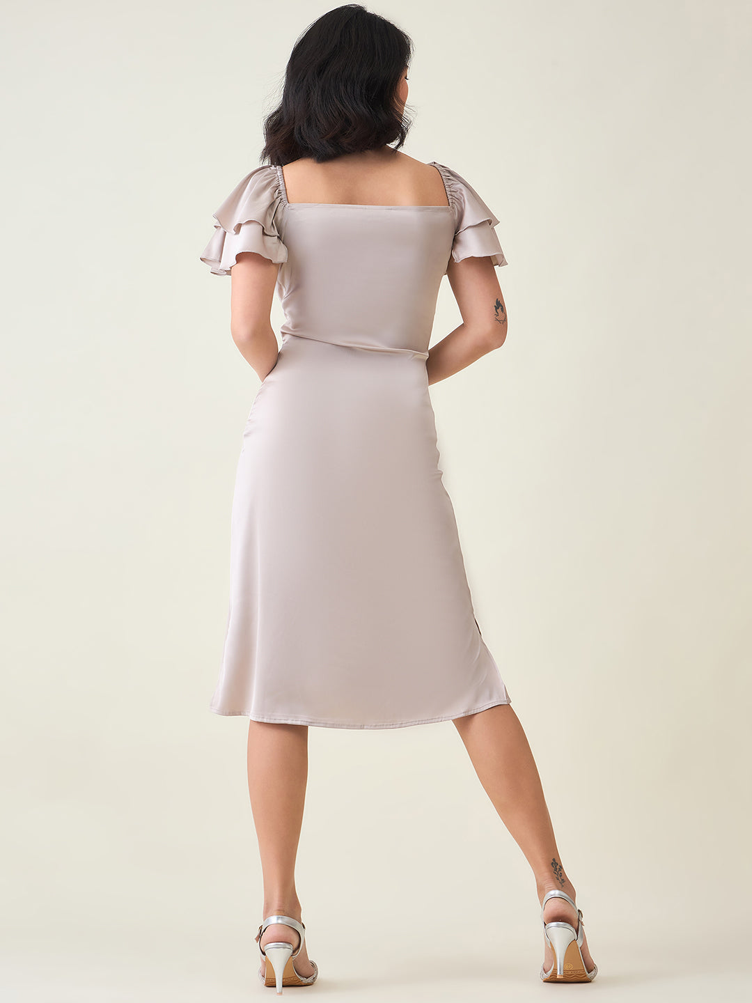 AAYU Satin Puff Sleeve Midi Dress