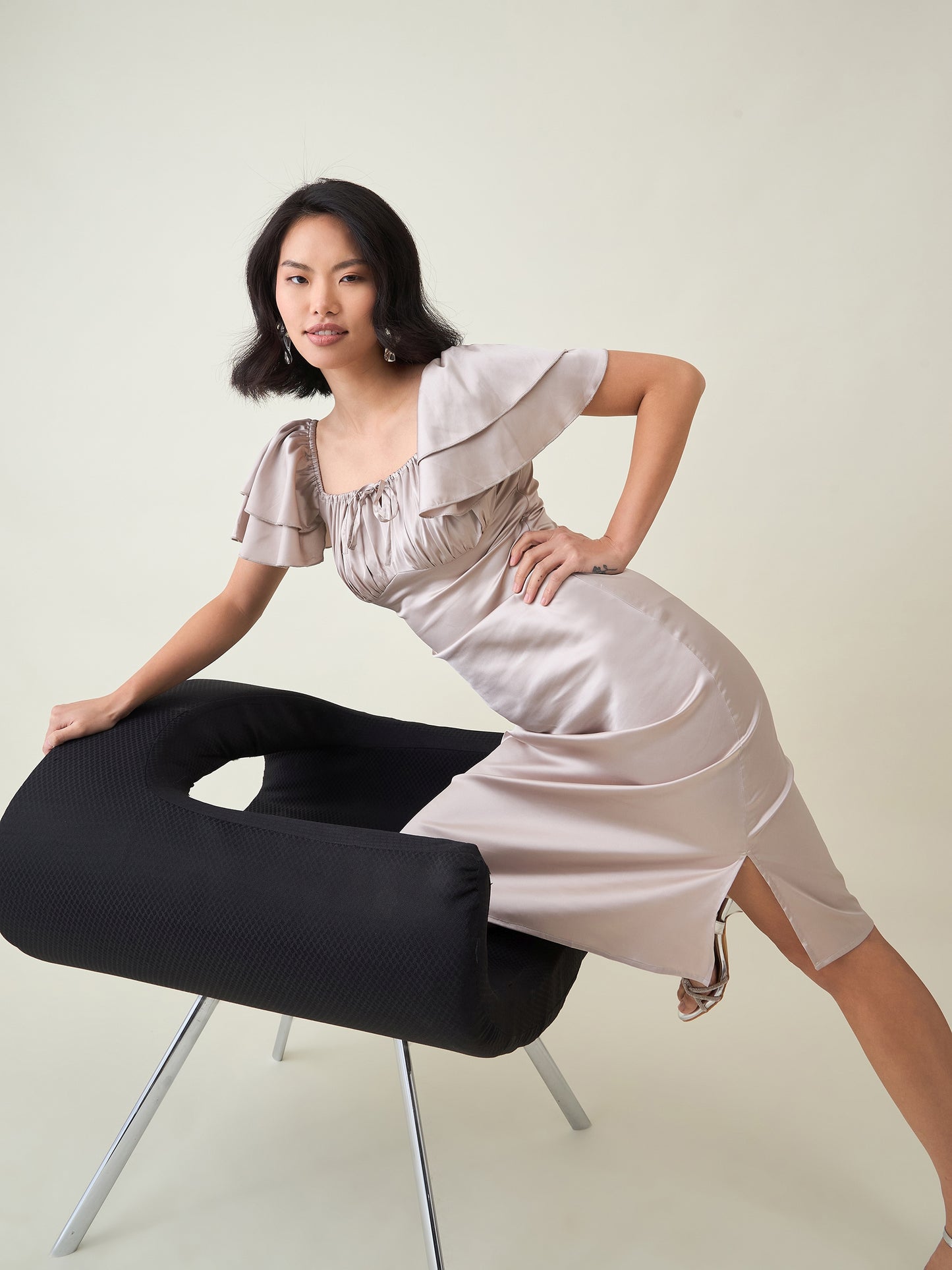 AAYU Satin Puff Sleeve Midi Dress