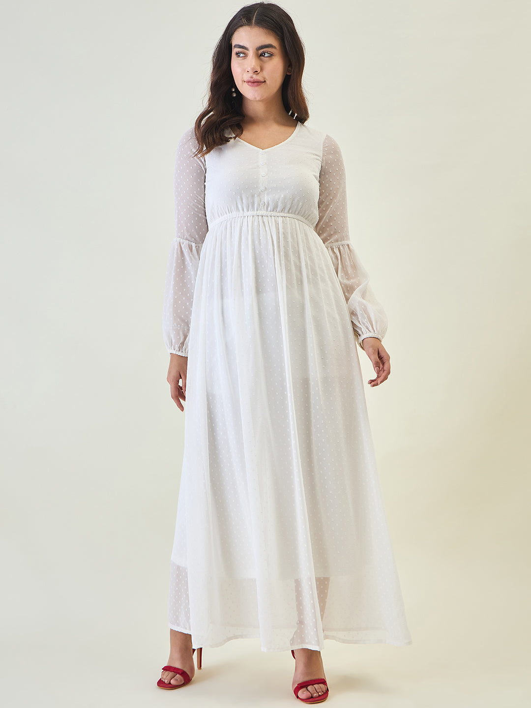 Textured Mesh Maxi Dress with Balloon Sleeves