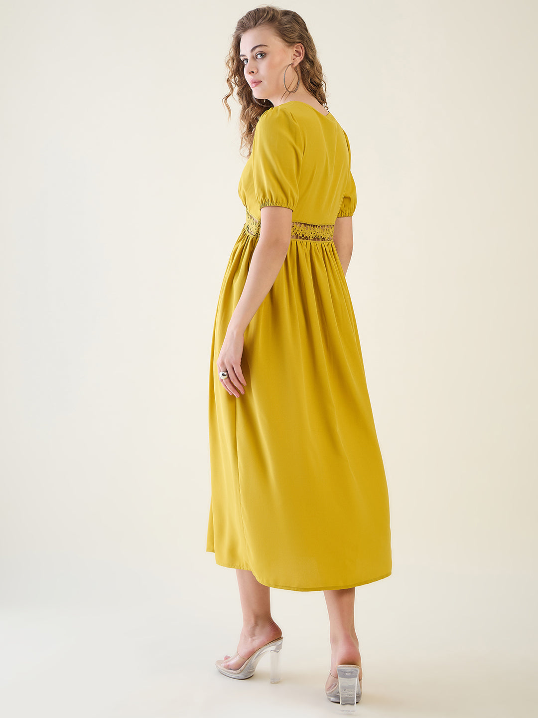 V-Neck Midi Dress with Lace Waist Detail