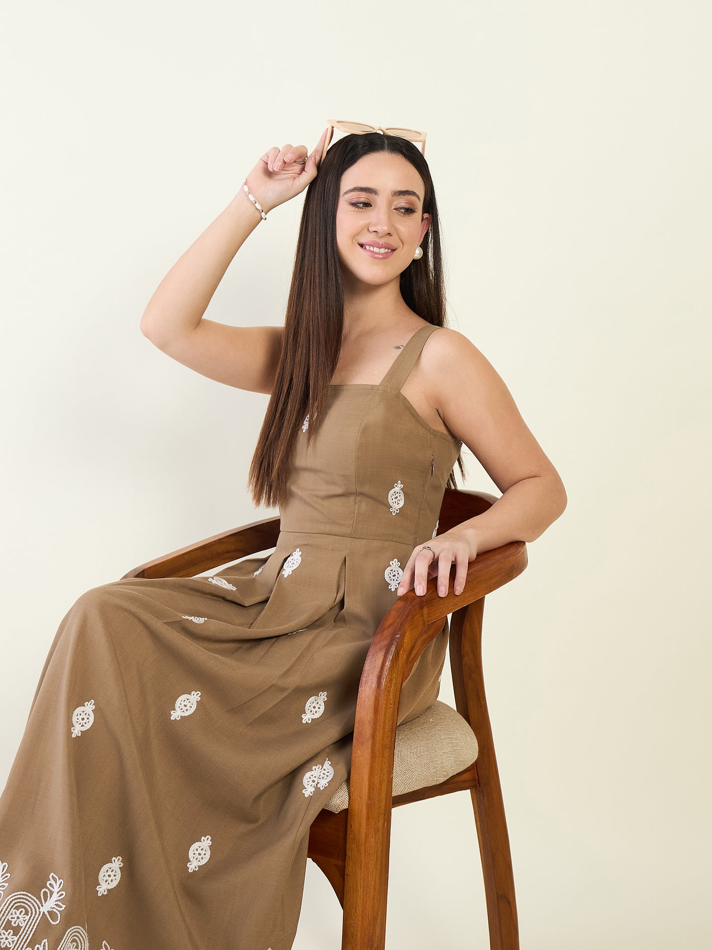 Brown Embroidered Maxi Dress with Square Neck