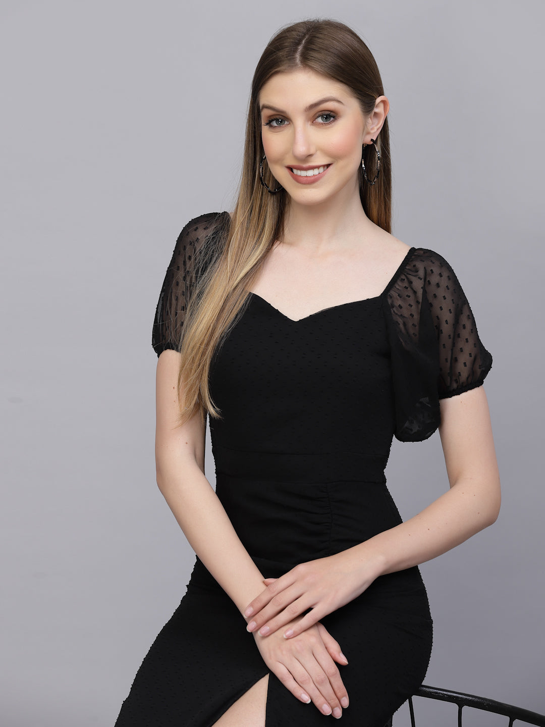 AAYU Women A-Line Batwing Sleeves Black Dress
