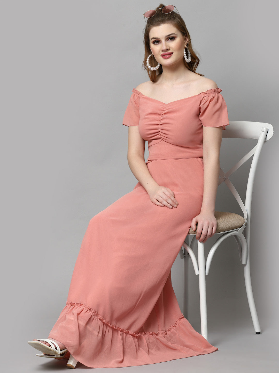 AAYU Women Georgette Solid Peach Maxi Dress