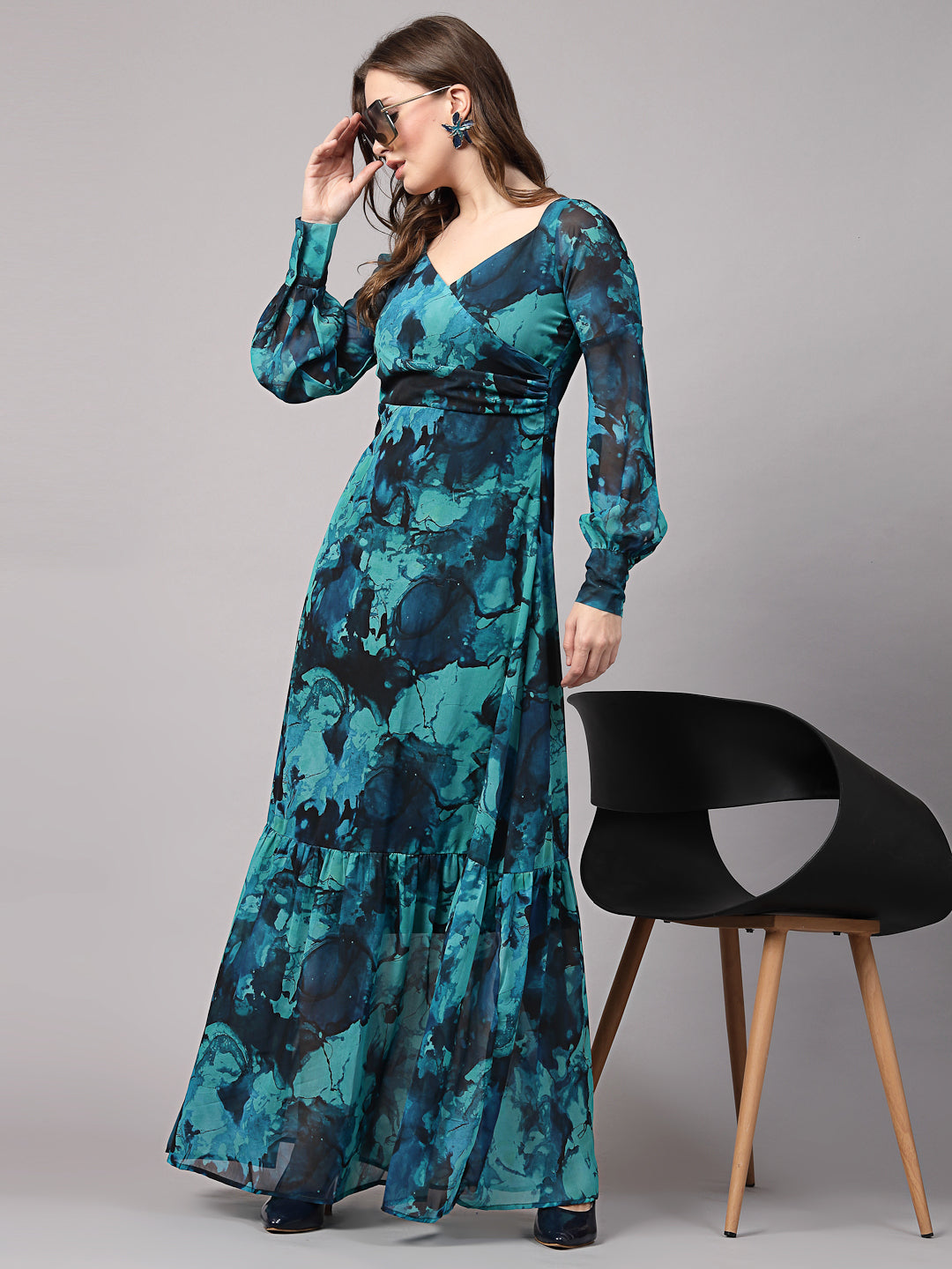 AAYU Women Georgette Printed Green Maxi Dress