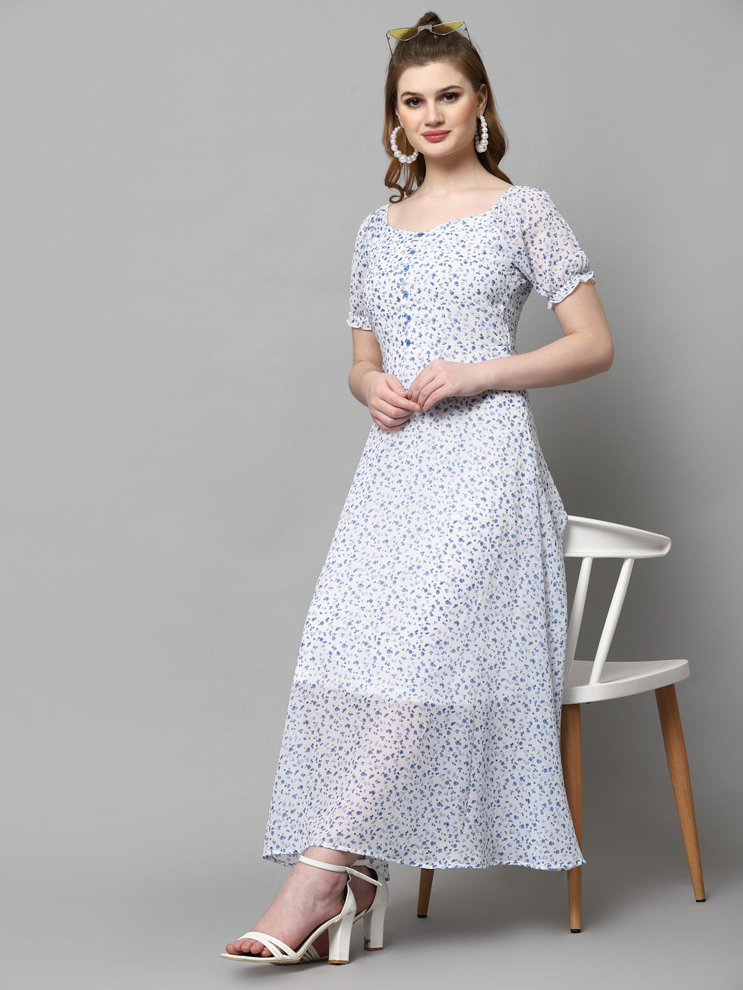 AAYU Women Fit and Flare White & Blue Dress