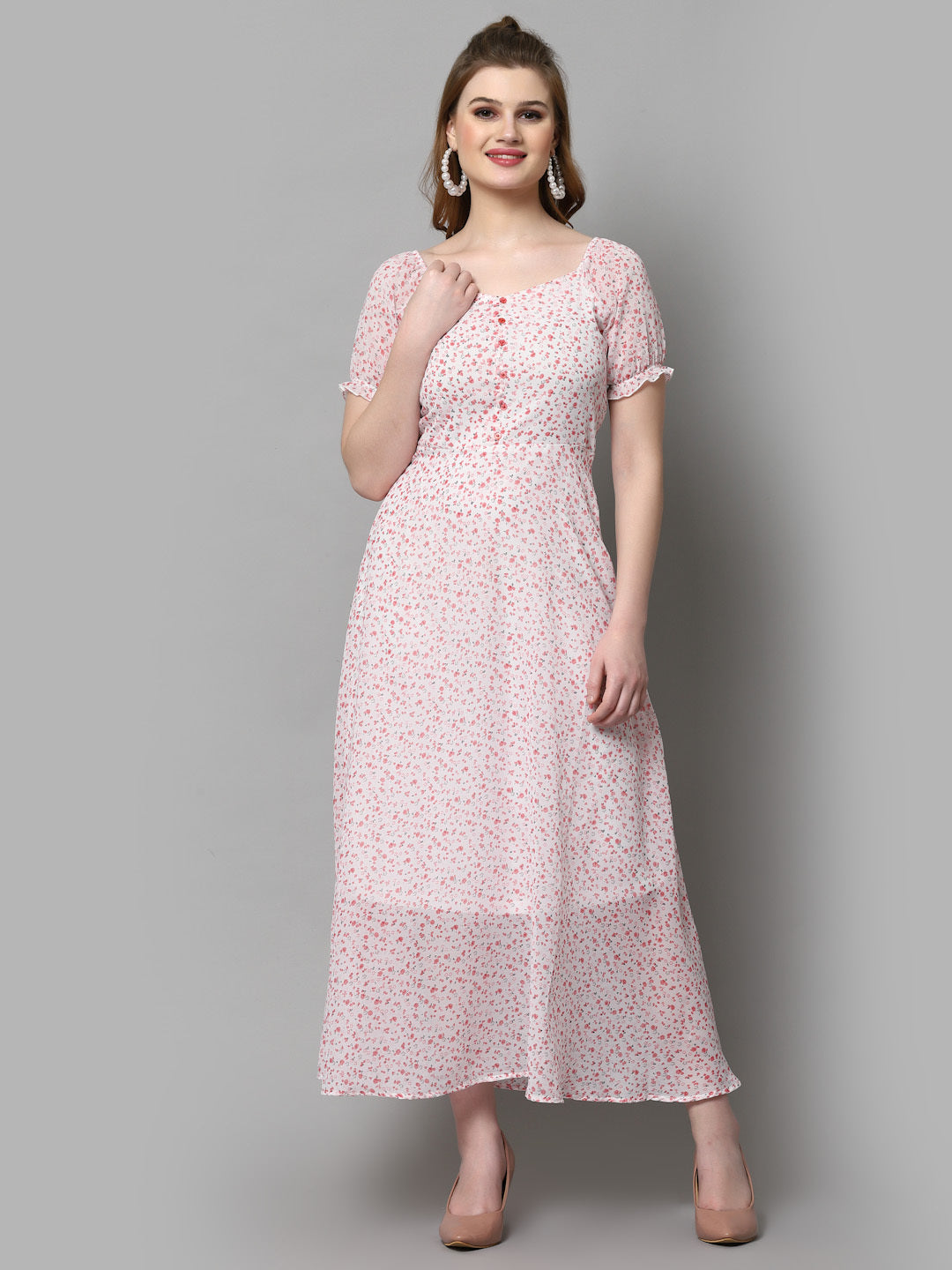 AAYU Women Fit and Flare White & Pink Dress